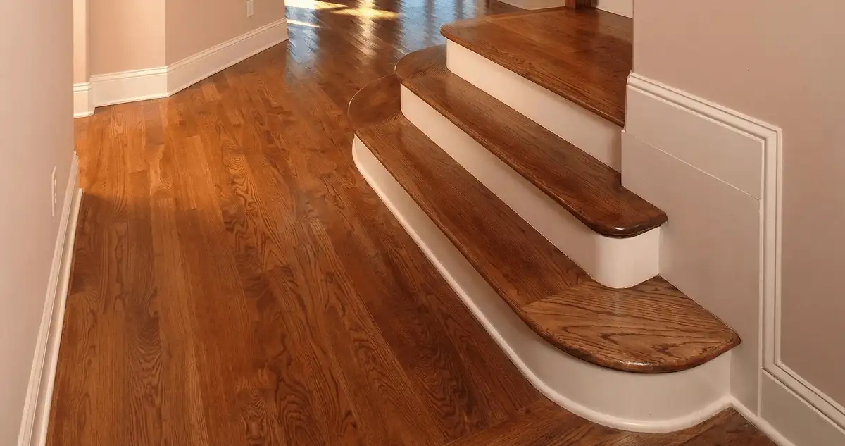 Base floor of a staircase with professionally restored wood flooring in Tulsa OK