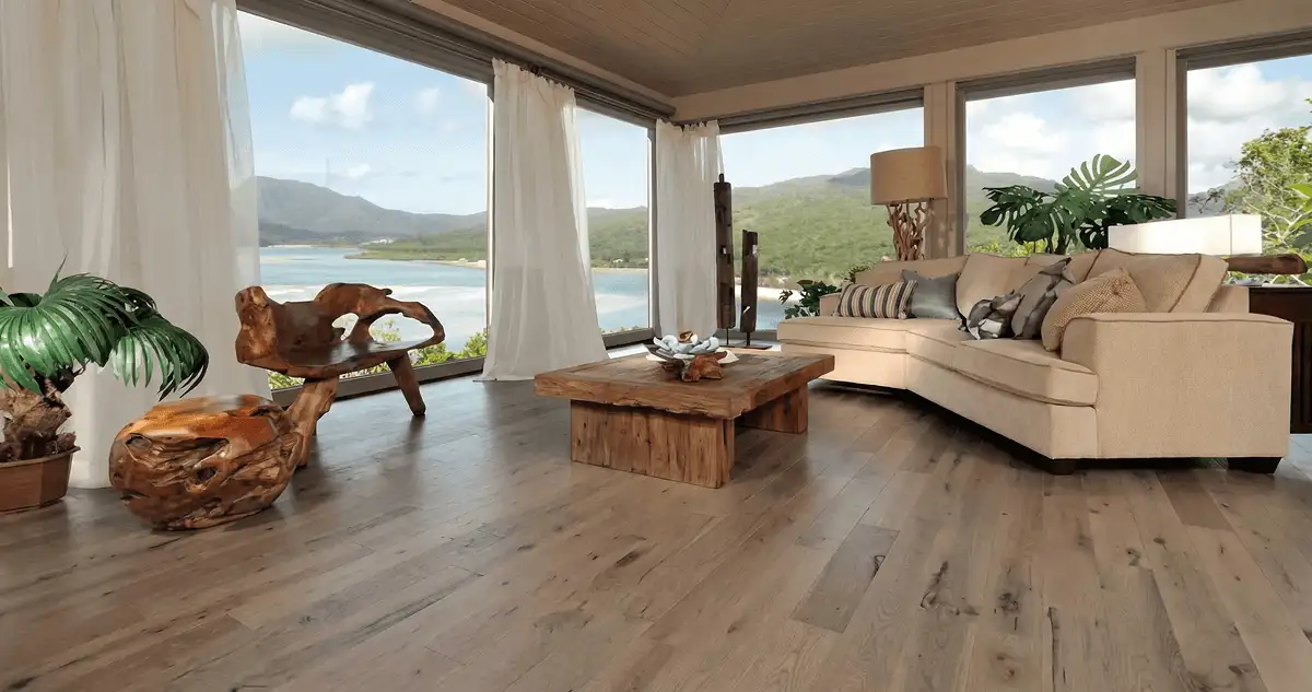 Professionally installed vinyl flooring in a modern living room with large windows in Tulsa, OK